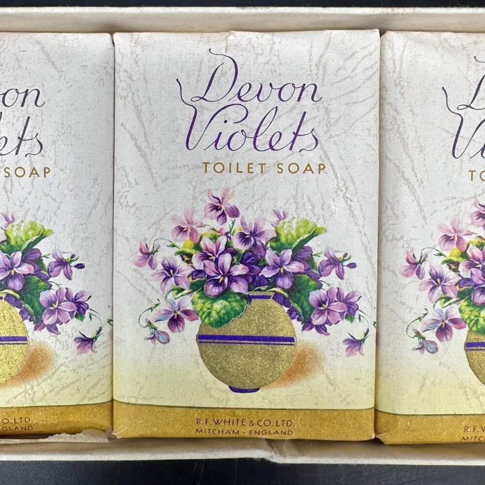 Vintage Devon Violets Toilet Soap Set 3 Bars White and Co England 1970s Bathroom